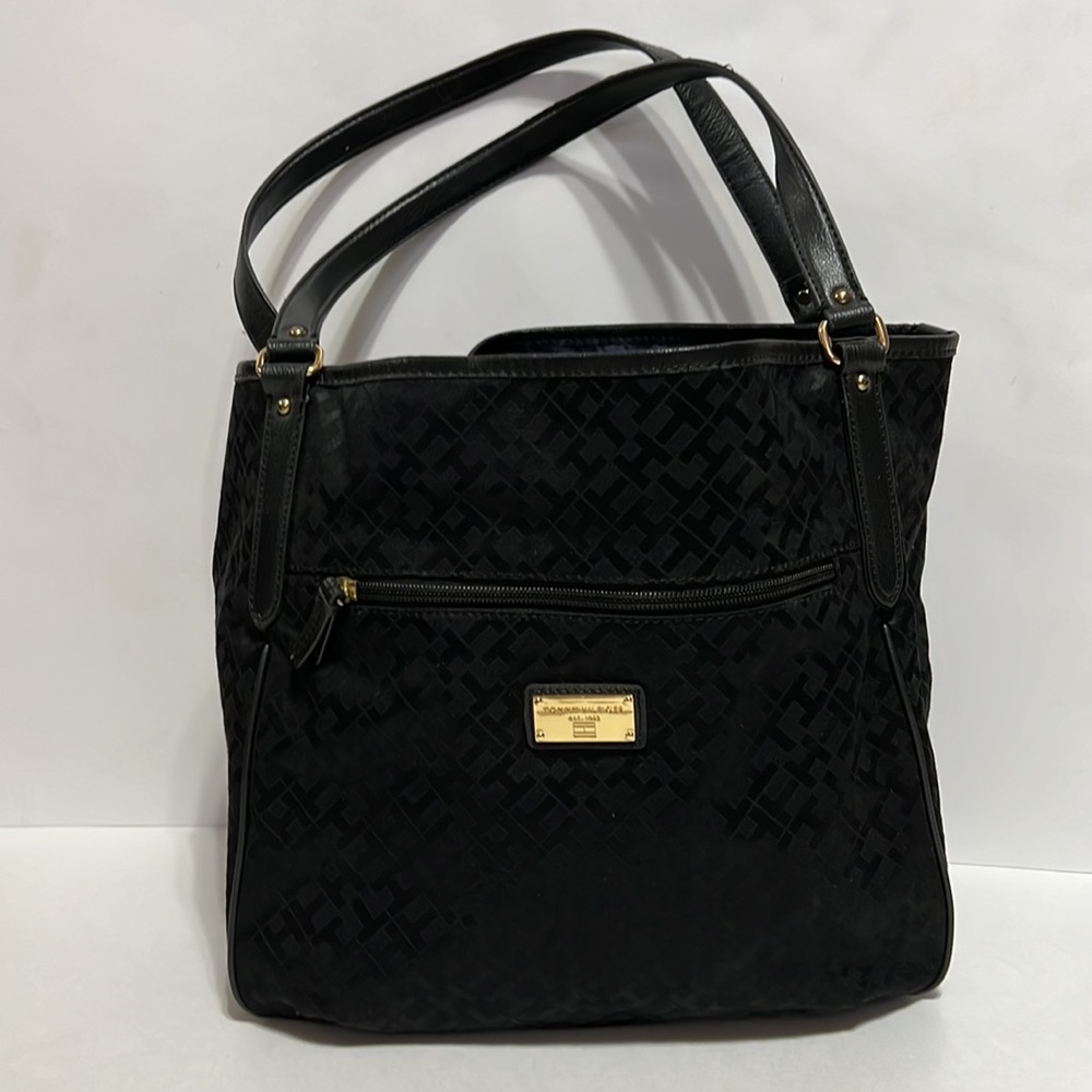 Tommy Hilfiger Black Canvas Jacquard Monogram Tote Bag / Shoulder Bag
